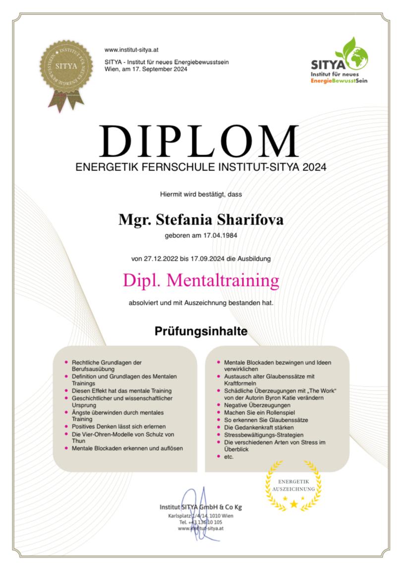 DIPLOM: Dipl. Mentaltraining Stefania Sharifova