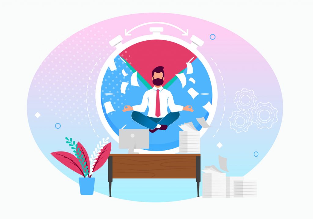 Vector Illustration Calm in Workplace Cartoon Flat. Man Meditates in Workplace Against Background Circular Diagram. Rest and Relaxation During Busy Working Process. Self Management.