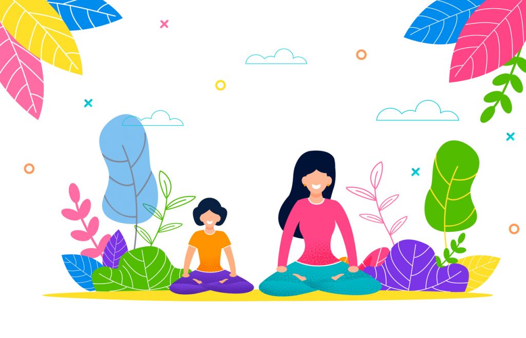 Mutter und Tochter sind glücklich, lächeln und meditieren