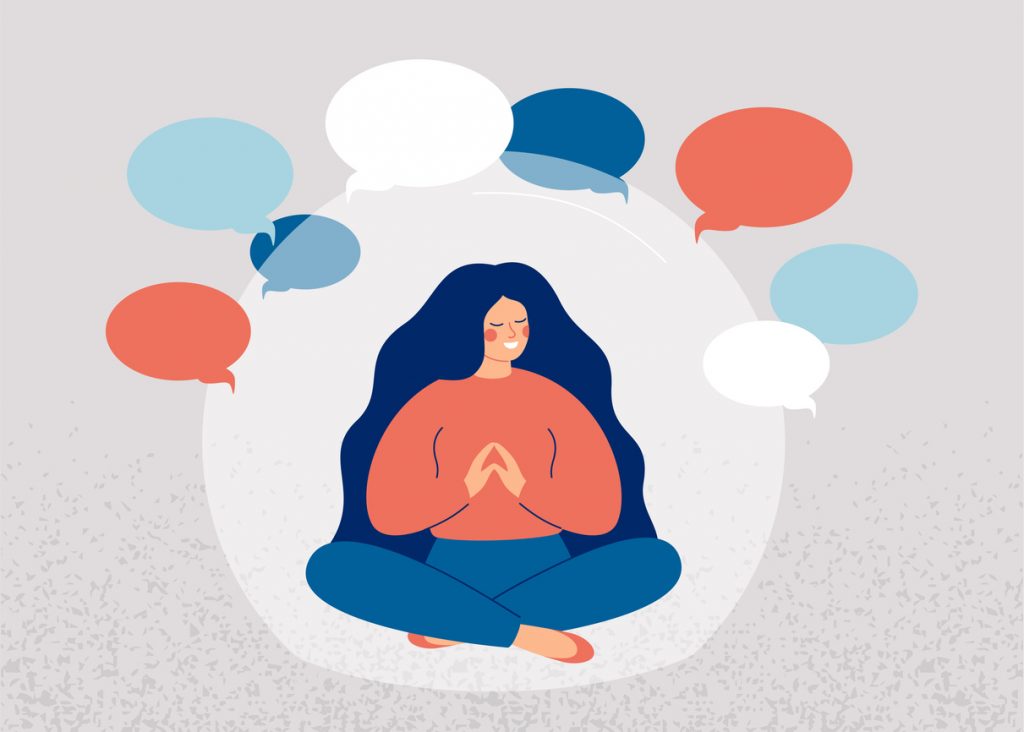 Woman has immunity for criticism and gossip. Calm girl is inside transparent bubble and saves mental health. Preserving personal boundaries concept. Vector illustration