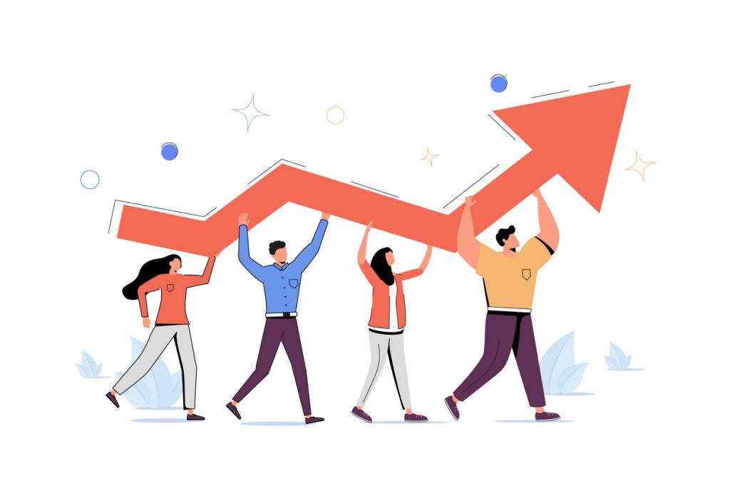 Progress development as success improvement and growth tiny person concept. Professional teamwork scene with increased and upward pointed arrow as profit, sales or career up reach vector illustration.
