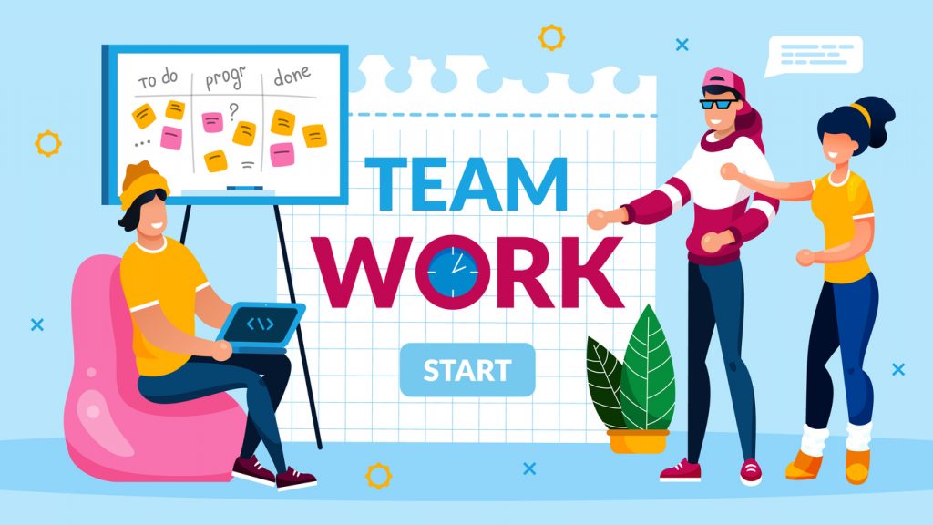 Teamwork Collaboration and Support Motivation. Programmer Team Support and Help Coworker with Deadline. Software Development and Optimization. Banner with Start Button. Vector Illustration