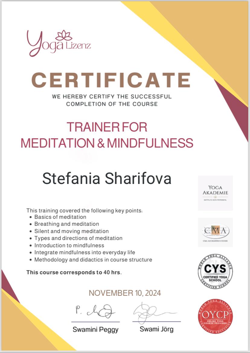 Certificate for meditation and mindfulness Stefania Sharifova