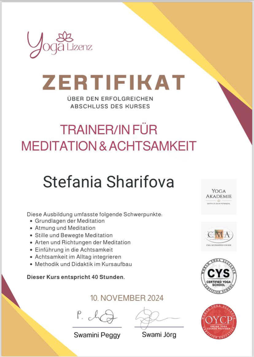 Zertifikat Trainerin für Meditation und Achtsamkeit Stefania Sharifova
