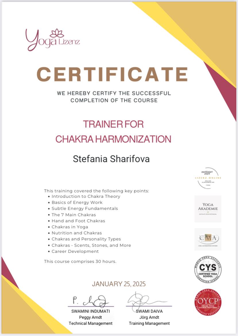 Certificate for Chakra Harmonization Stefania Sharifova