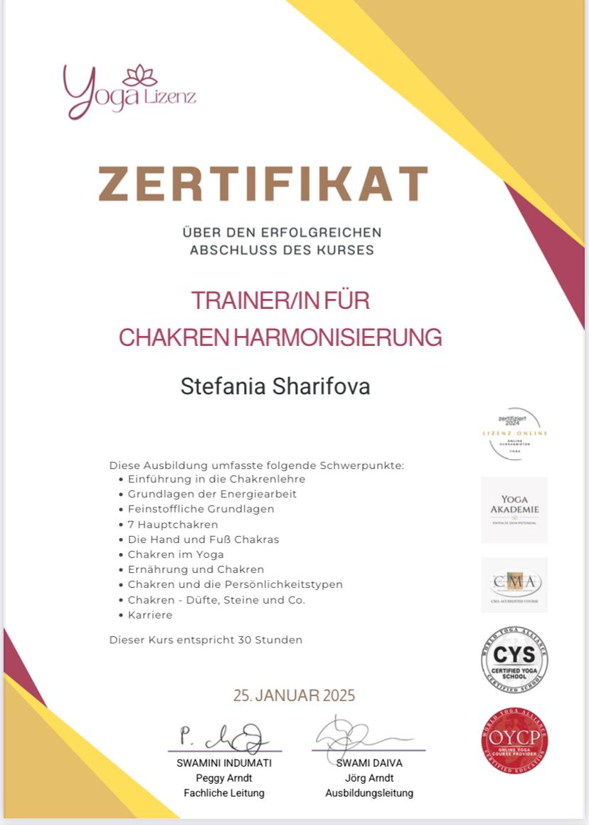 Zertifikat Trainerin für Chakren Harmonisierung Stefania Sharifova